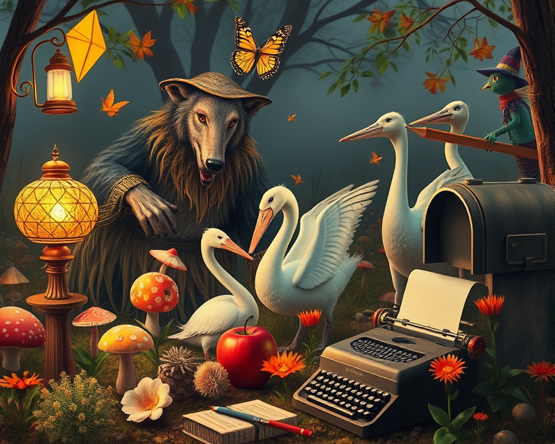 wolf, mushroom, scarecrow, marshmallow, fire hydrant, butterfly, lamp, swan, witch, kite, alien, apple, napkin, pencil, pelican, typewriter, kangaroo, mailbox, flower, porcupine, tennis, seahorse